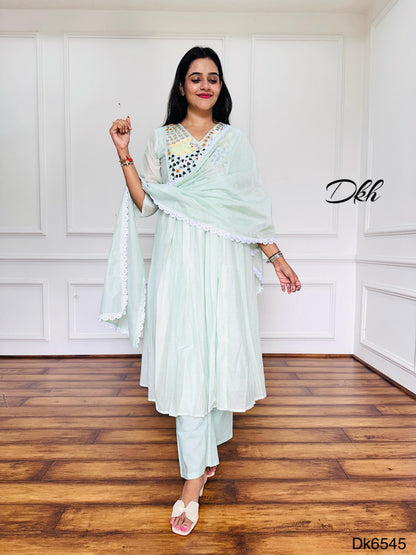 Elegant Mint Green Mul Chanderi 3-Piece Suit Set