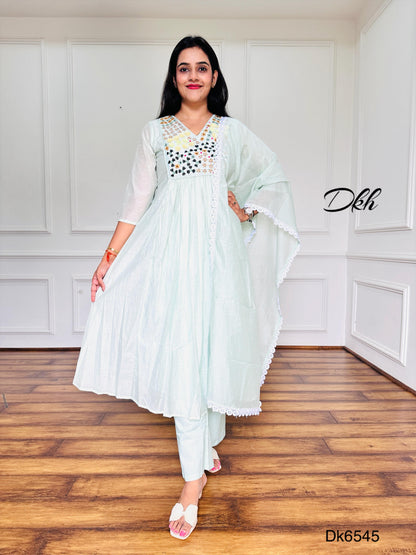 Elegant Mint Green Mul Chanderi 3-Piece Suit Set