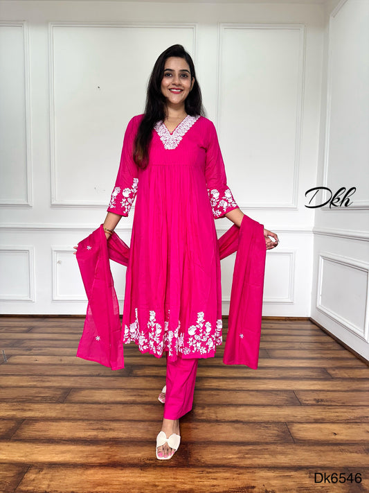 Bright Pink Mul Chanderi 3-Piece Suit Set with Embroidery