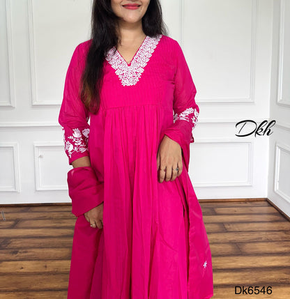 Bright Pink Mul Chanderi 3-Piece Suit Set with Embroidery