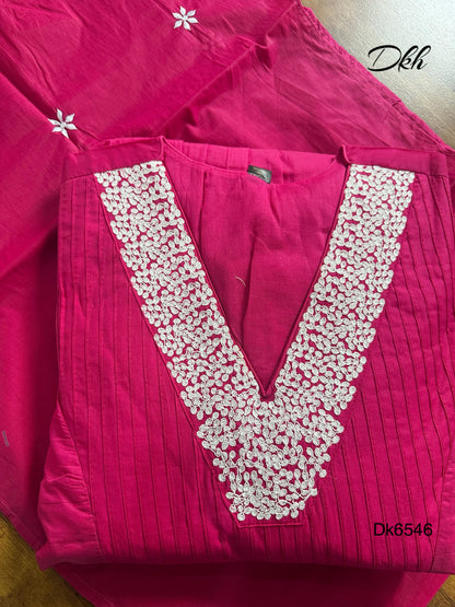 Bright Pink Mul Chanderi 3-Piece Suit Set with Embroidery