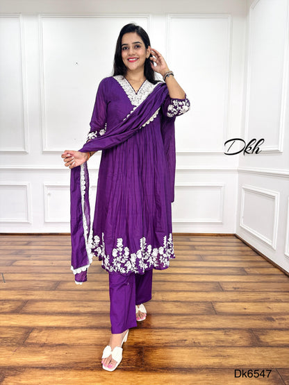 Bright Purple Mul Chanderi 3-Piece Suit Set with Embroidery