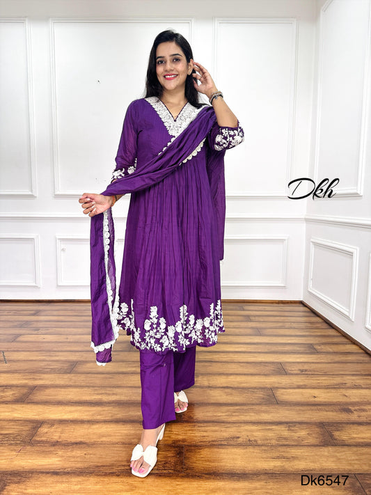 Bright Purple Mul Chanderi 3-Piece Suit Set with Embroidery
