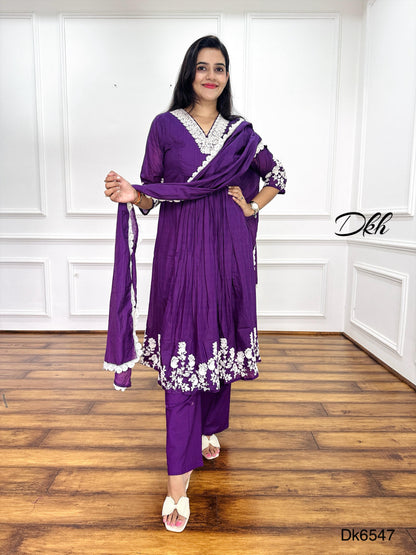 Bright Purple Mul Chanderi 3-Piece Suit Set with Embroidery