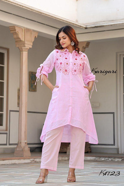 “Self-Textured Cotton Kurti Pant Set – K1723