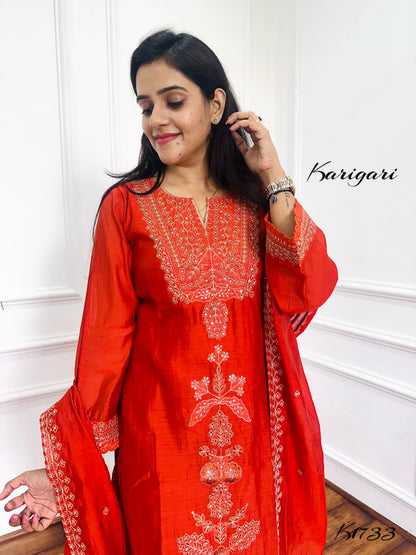 Trendy Rust Mul Chanderi 3-Piece Kurti Set
