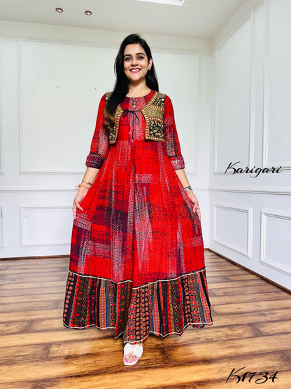 Elegant Rayon Printed Gown with Embroidered Mirror Work Jacket