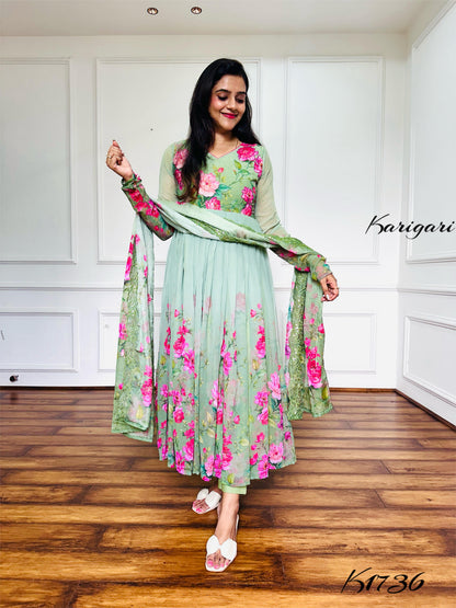 Elegant Mint Green Floral Chiffon Anarkali Suit Set – 3 Piece with Sequin & Bead Work