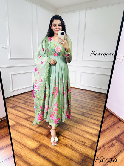 Elegant Mint Green Floral Chiffon Anarkali Suit Set – 3 Piece with Sequin & Bead Work