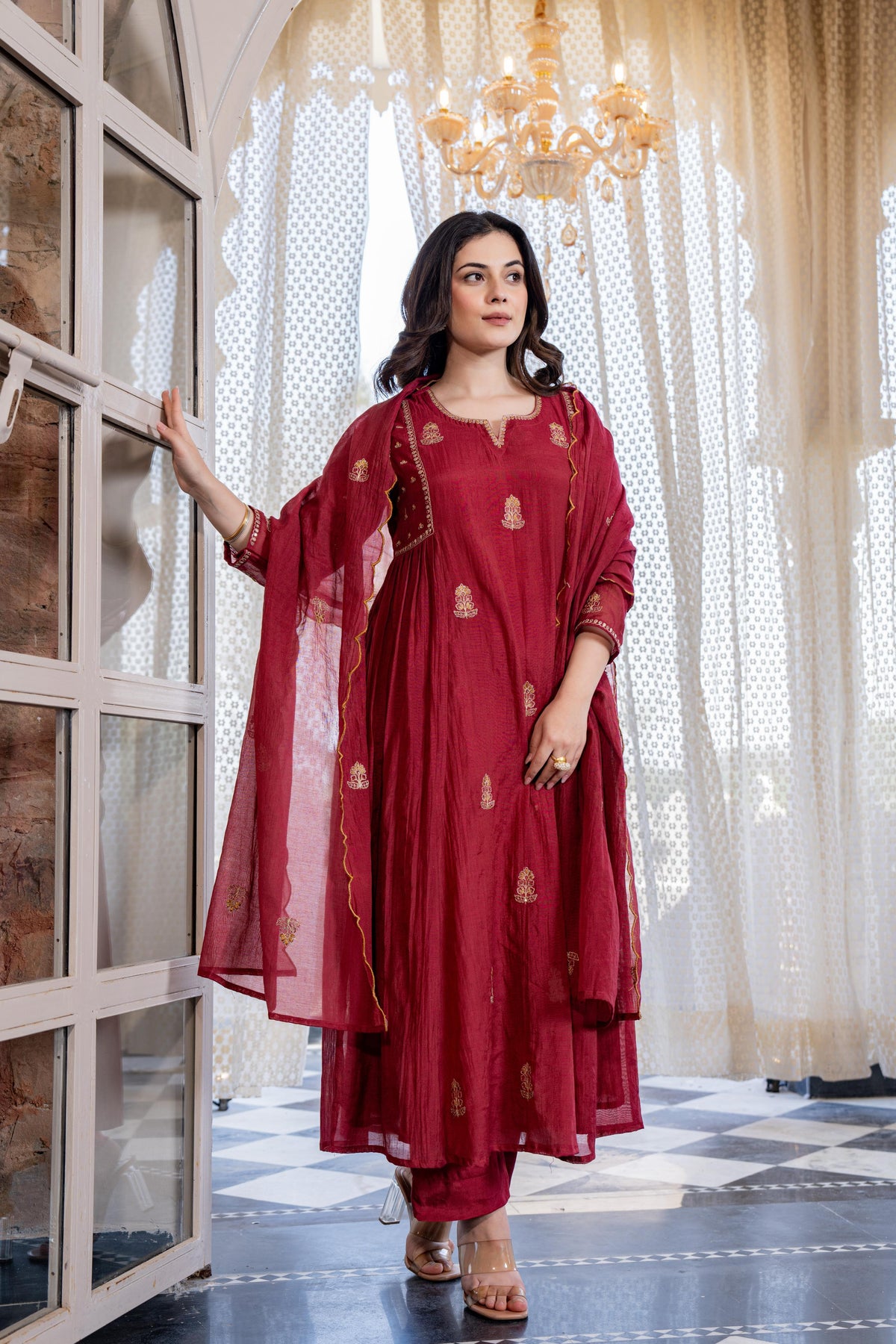 Mul Chanderi zari embroidered 3-pieice suit set in mahroon