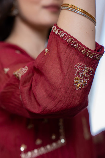 Mul Chanderi zari embroidered 3-pieice suit set in mahroon